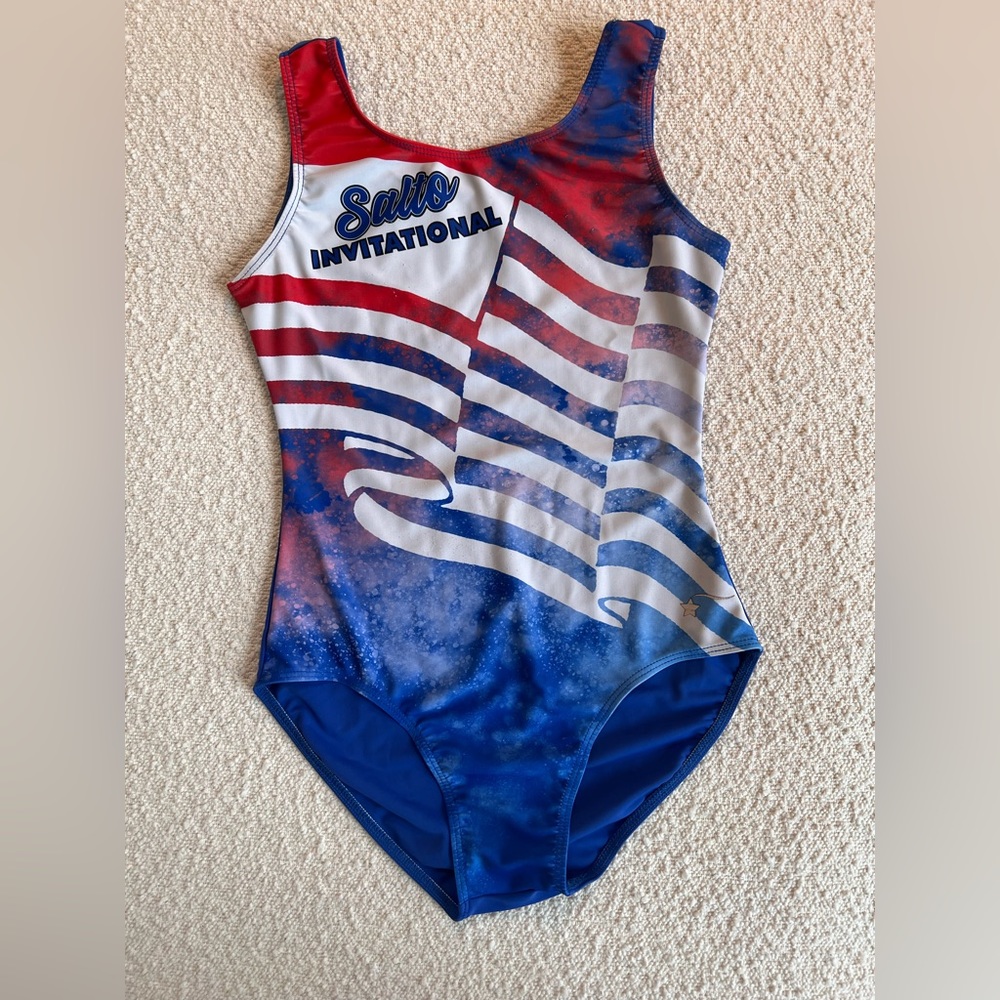 Destira gymnastics leotard AM Adult Medium red, white, & blue